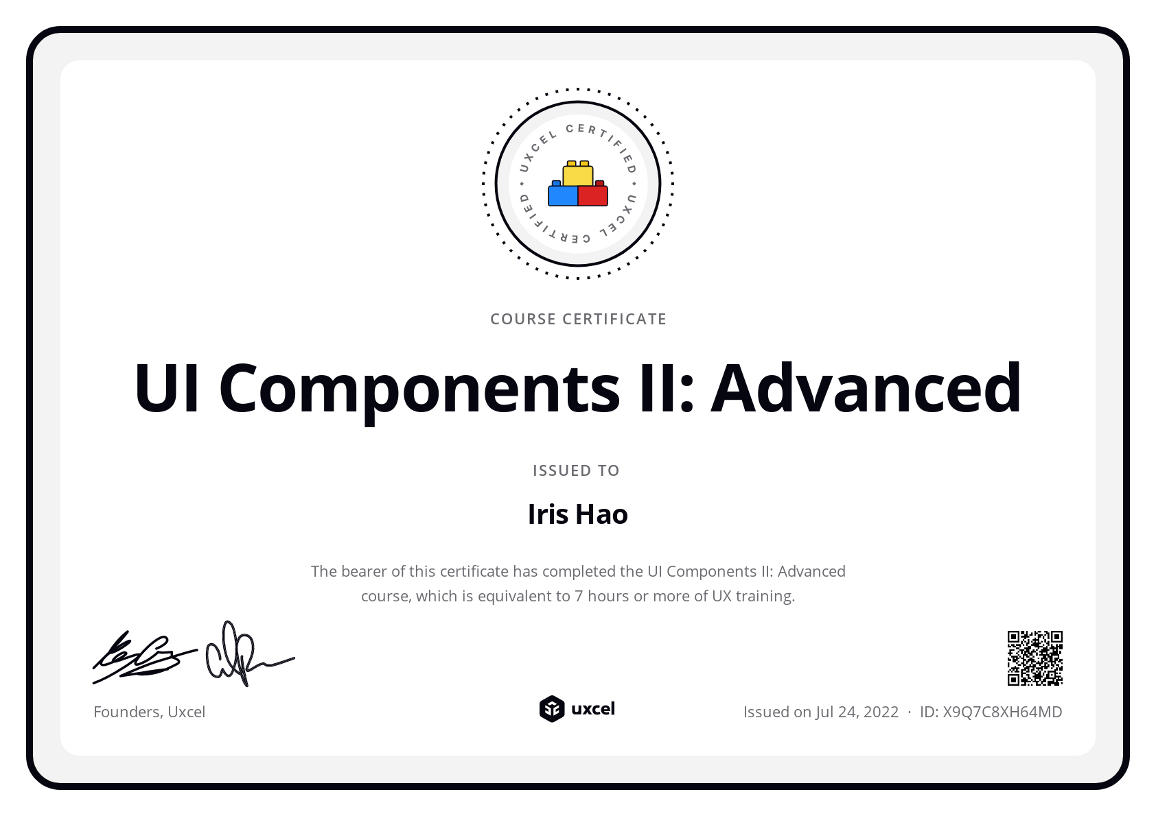 Iris Hao's certificate